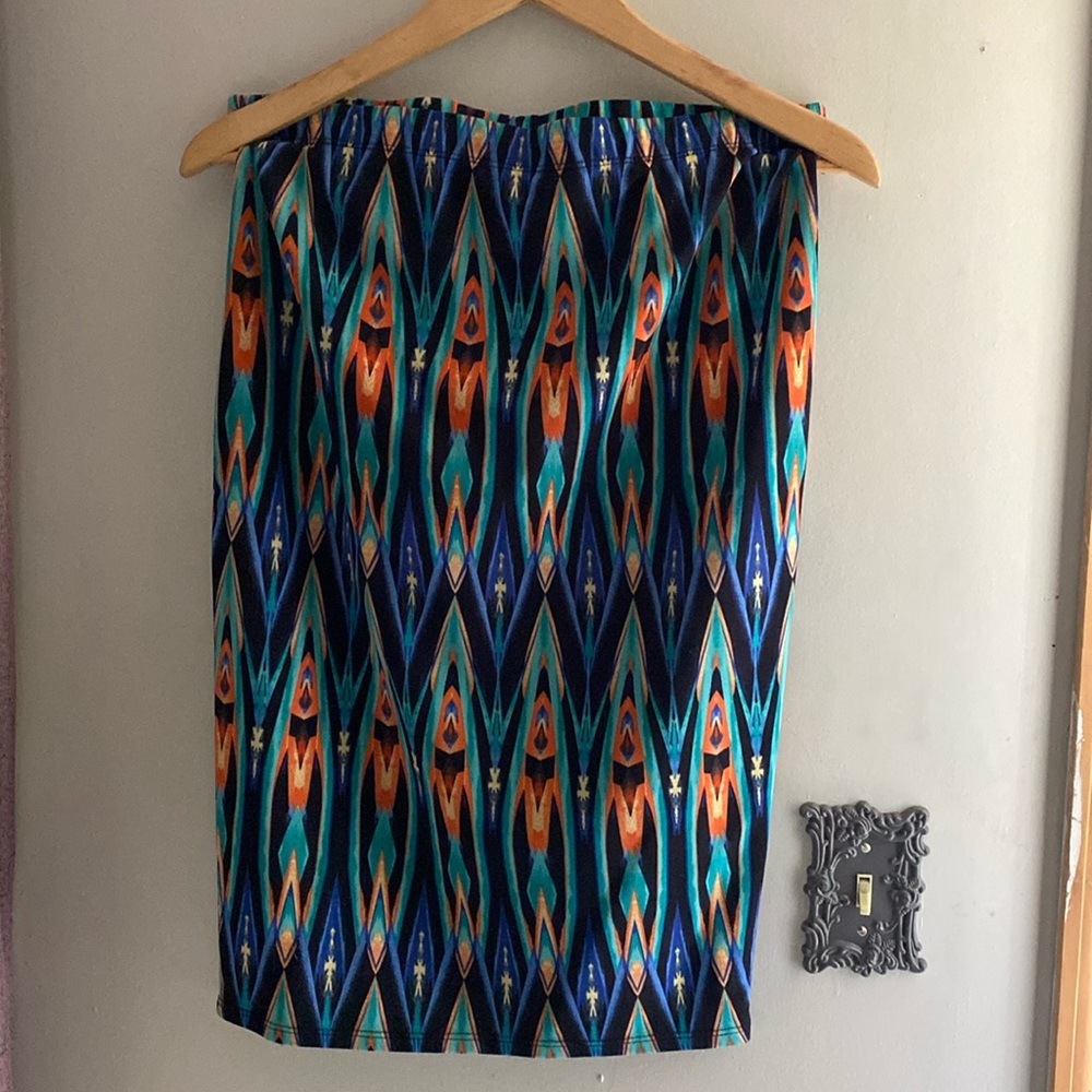 Multicolor, blue, orange, turquoise, black yellow. Bodycon, midi skirt, Size 2x